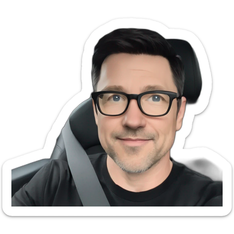 middle-age-lean-white-man-with-black-hair-&-glasses-wearing-black-Tesla-T-shirt,-inside-black-tesla-model-3, at the wheel, front view sticker