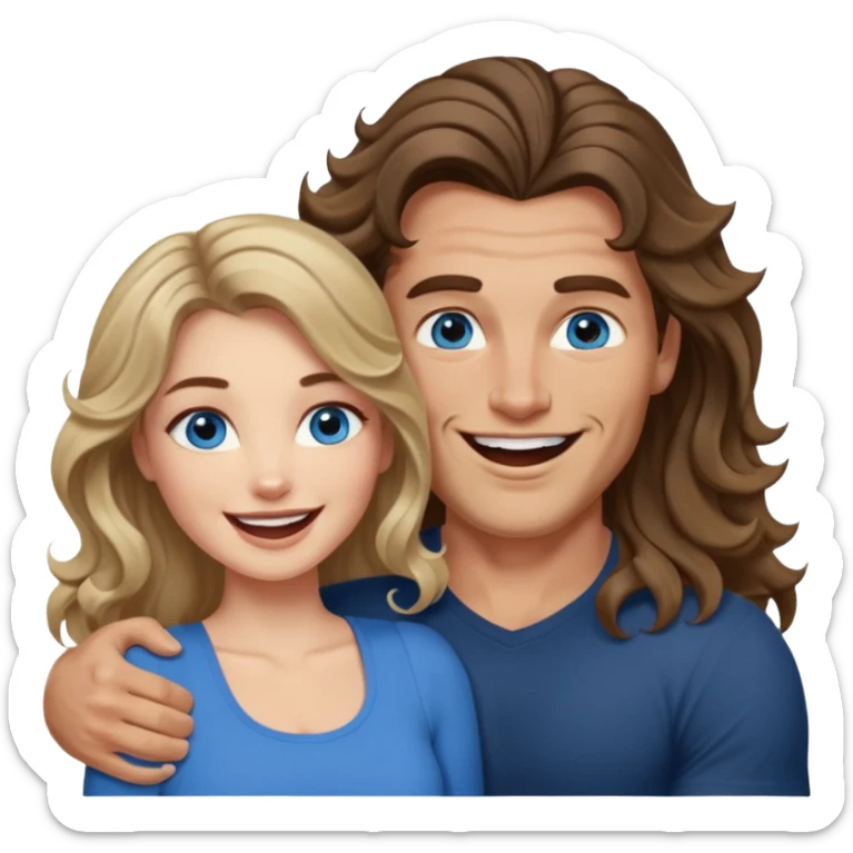 Women with blue eyes and very long, brown blond balayage curled hair in the arms of a man with strong arms a straight face, a very sexy man blue eyes. They are laughing at each other. He has dark brown hair: A fade haircut down to skin and is light skinned  sticker