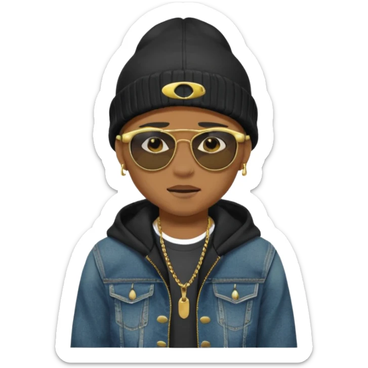 un emoji de un chico emcapuchado, con gorro kalenji, dientes de oro, com uma jaqueta denim tears preta e uns oculos da oakley sticker