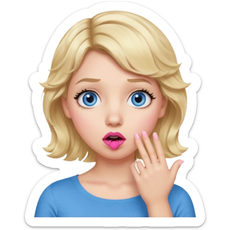 Girl Blonde short wavy hair,  blue eyes, cute blue top, long lashes, pink lips, shocked, hand over the mouth sticker