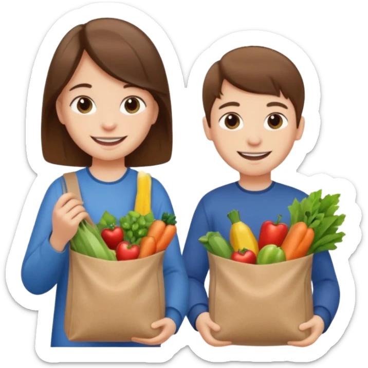 caucasian kids putting groceries in bags smiling brown hair sticker