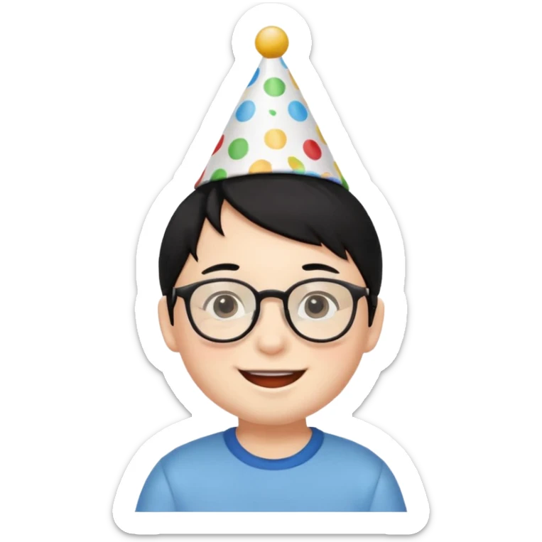 a little boy with black hair with birthday hat, wearing glasses 















 sticker