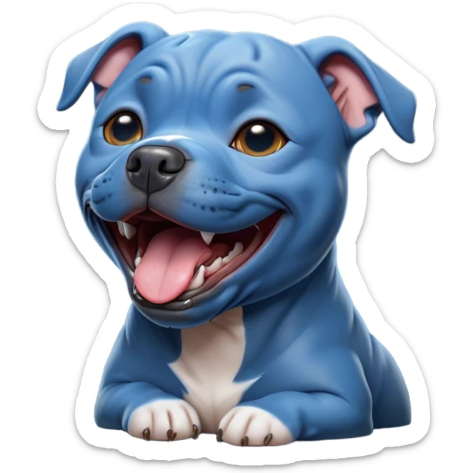 Cinematic Cute Yawning Blue Staffordshire Bull Terrier Portrait Emoji, Head tilted slightly with a dramatic, wide-open yawn, showcasing a smooth blue Fur with a refined texture, floppy ears slightly drooping, round dark eyes barely open in drowsy contentment, Simplified yet irresistibly adorable features, highly detailed, glowing with a soft, cozy glow, high shine, relaxed yet expressive, stylized with a touch of whimsy, bright and endearing, soft glowing outline, capturing the essence of a sleepy yet affectionate guardian, so drowsy it feels like it could stretch right out of the screen and curl up for a nap! sticker