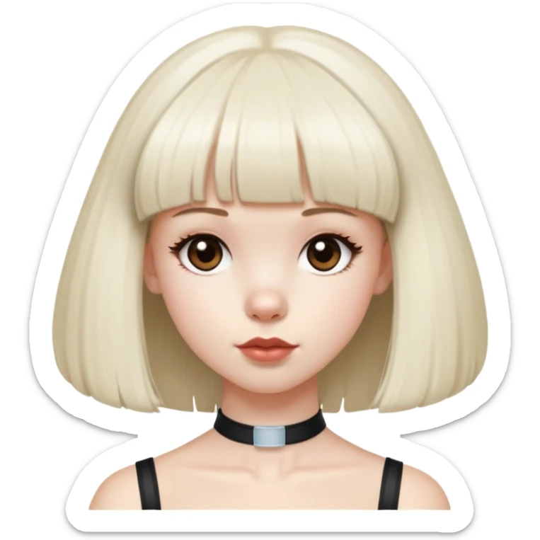 Girl with pale skin and waist length straight dark-brown hair with bangs, with dark brown eyes and round full lips. She is wearing a white tube top.She has a big standard poodle who is light blonde color. He doesn’t have a poodle haircut just natural hair and flat ears sticker