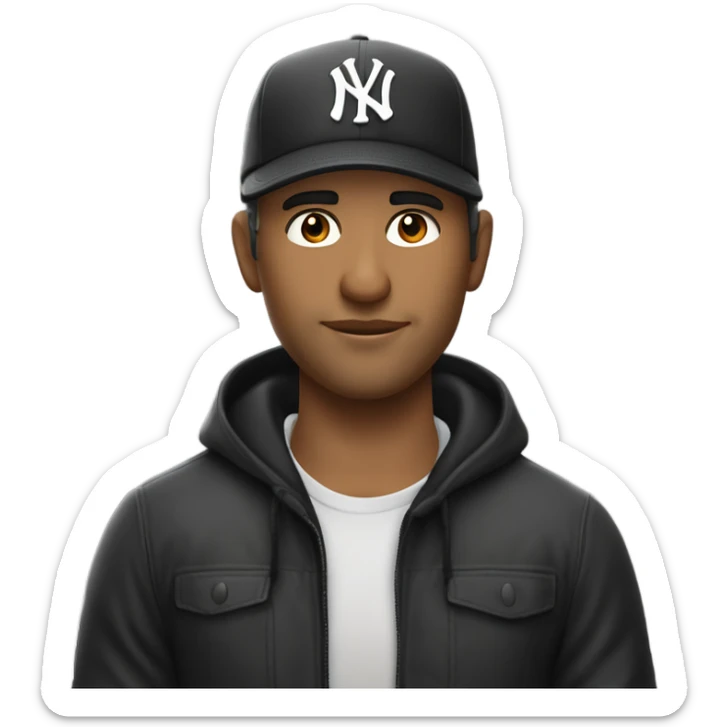 Homme blanc / 35 ans / cheveux courts noir / yeux en amande / viril / mal rasé / casquette yankee noir sticker