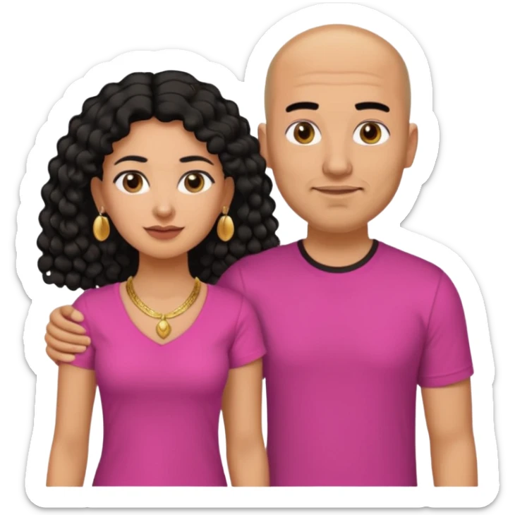 A picture if a couple. the man is a Mexican man with tanned skin, black hair, a bald hair cut, short boxed beard, and with a black t-shirt on. the woman is mixed with black and white, with brown curly long hair, gold earrings, a gold necklace and a pink shirt on and big boobs sticker