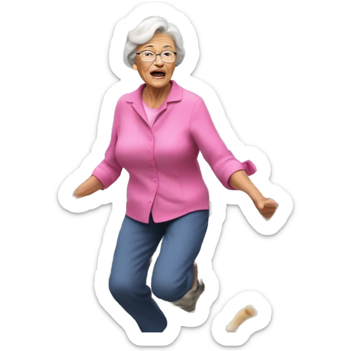 Grandmother climbing mount everest wearing a pink blouse followed by hundreds of cats and grandchildren, as she throws food rations down to them to help them push forth, their faces showing visible exertion. sticker