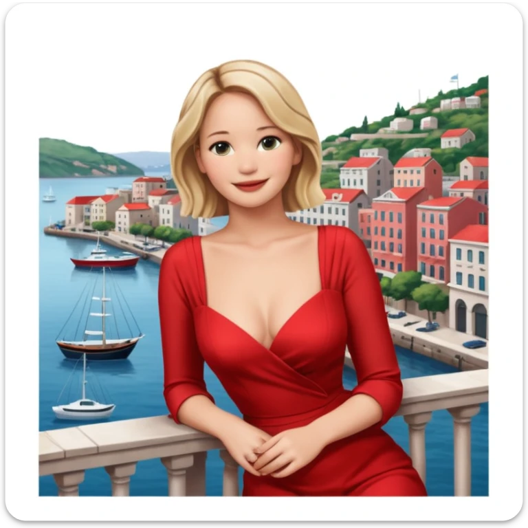 jennifer lawrence, red dress leaning on a balcony with a harbor and cityscape in the background, smiling, closeup sticker