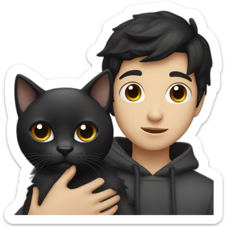 black haired and white skin boy who wears hoodie holds a black cat sticker
