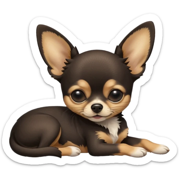 A high-resolution photo-realistic digital illustration of a  black tan chihuahua with eyes closed shut sleeping lazily on the ground sticker