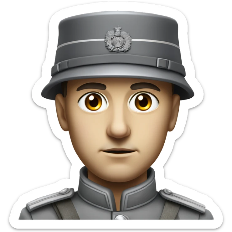 serious german soldier the middle of the XX century photorealistic gray uniform detailed face with wrinkles, closed mouth, small eyes  sticker