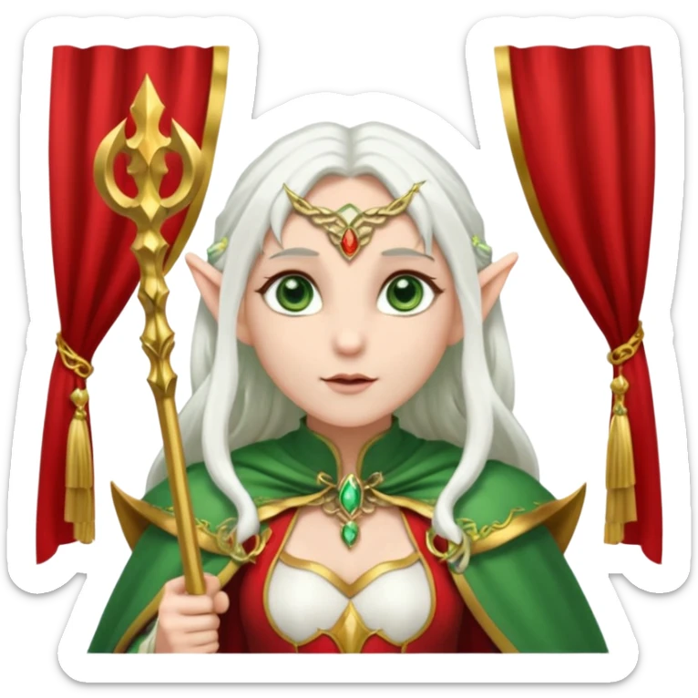 an elf with very white hair and two long pigtails on the side of her head, she has a curtain bang, green eyes, she has a white cape with golden borders and a scepter with a red orb, she has earrings that look like red drops sticker