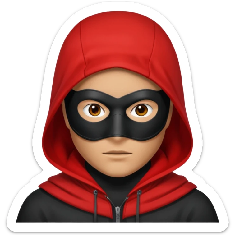 Q person with a red hood on and a black mask with a white square in the middle  sticker
