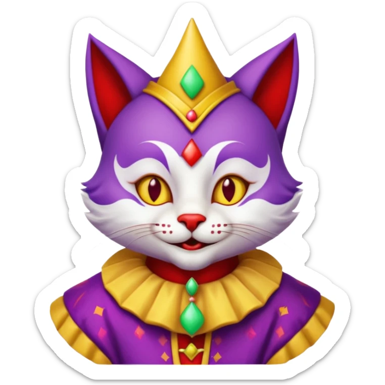 crazy colorful cute little cat jolly joker from poker, medieval, vintage, court jester, mac os icon, purple, yellow and red color, half body sticker