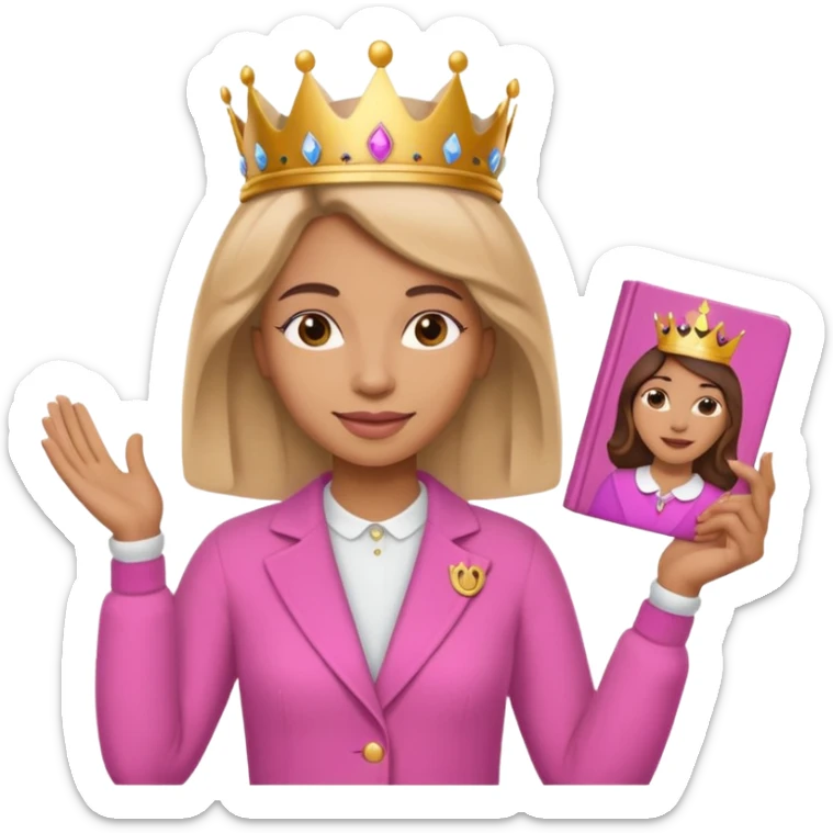 Crear una reina morena clara con ropa rosa sosteniendo la palabra Queen en sus manos sticker
