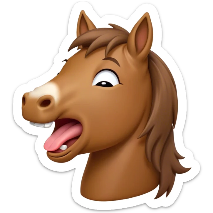 Cinematic Cute Yawning Brown Welsh Pony Portrait Emoji, Head tilted slightly with a dramatic, wide-open yawn, showcasing a sturdy, brown-colored form with softly drooping ears and sleepy, half-closed eyes, Simplified yet irresistibly adorable features, highly detailed, glowing with a soft, cozy earthy glow, high shine, relaxed yet expressive, stylized with a dash of rustic charm, soft glowing outline, capturing the essence of a drowsy yet affectionate brown Welsh pony that appears ready to stretch and yawn its way off the screen! sticker