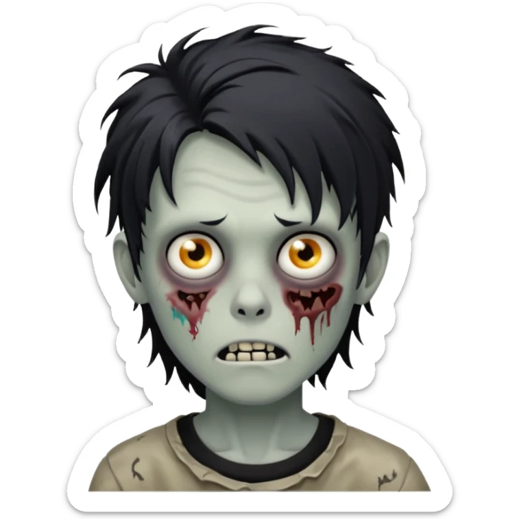 Zombie Boy with black long messy hair and teenager aparience, black background sticker