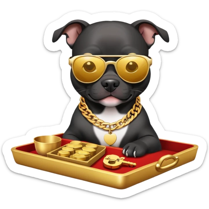 Black pitbull with sunglasses holding a golden tray to put keys on, kind of like one of those Chinese lucky cats but instead a pitbull sticker