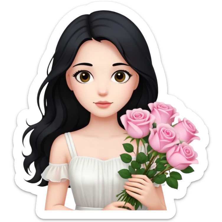 A beautiful girl with long black hair and a white dress is holding a bouquet of pink roses sticker