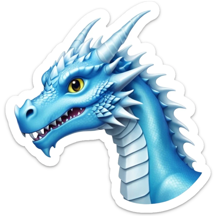 Cinematic Noble elegant Ice Dragon Portrait Emoji, Poised and imposing, distinct long elegant snout, with a slender, scaled body shimmering in glacial hues of icy blue, frostbitten silver, and crystalline white, breathing out frost, with piercing, glowing eyes that radiate the chilling depths of an arctic storm; rendered in detail. sticker