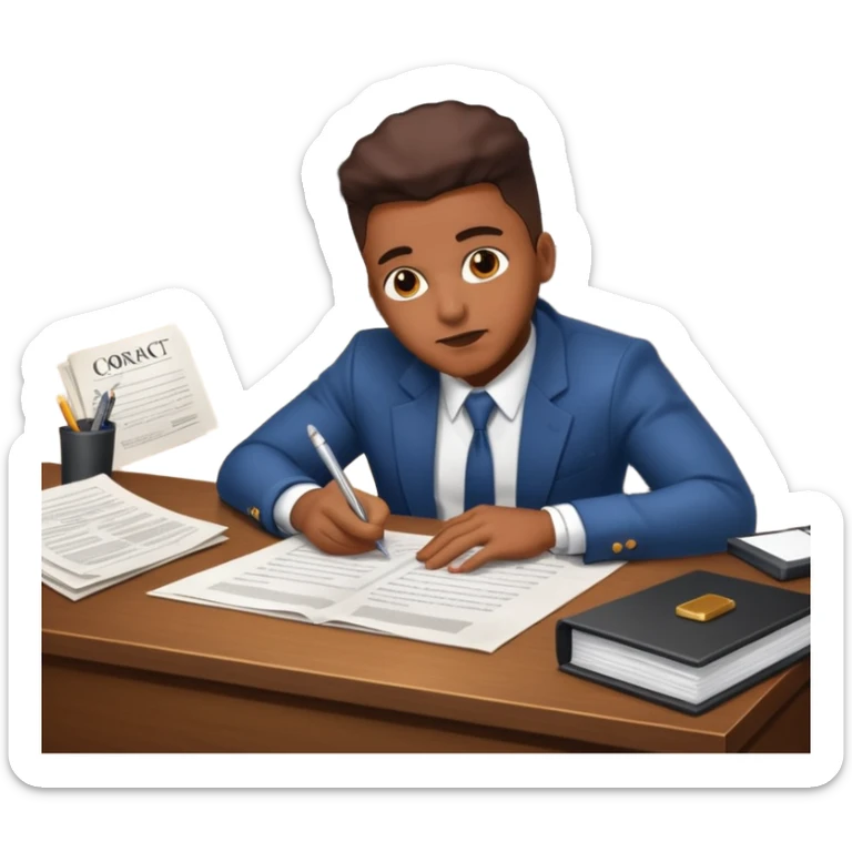 Hip hop music record company executive in office sitting at desk with contract on top of desk sticker