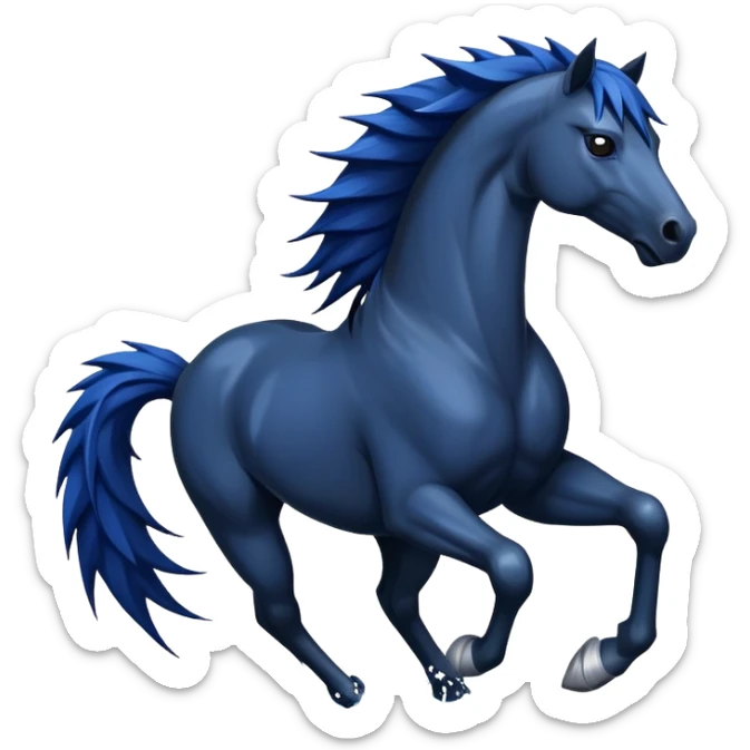 Ninja water horse, black horse body, dark blue watery accents, sharp spikes along mane and tail, fierce warrior pose sticker