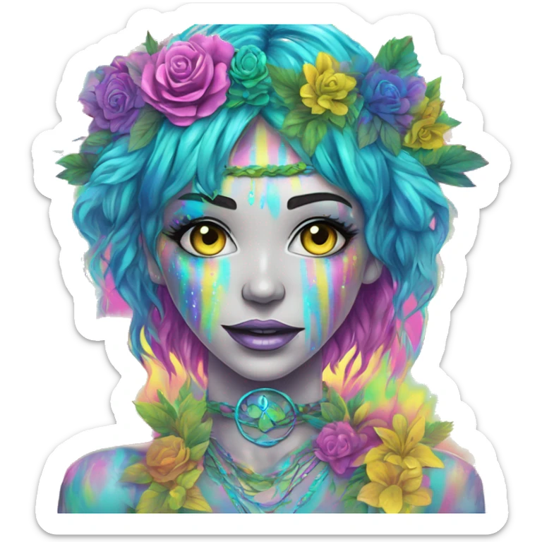 420 Tie dye hippie person flower crown tattoos hemp leaves metallic iridescent holographic blue cyan green pink yellow hazard stripes dark colours sticker