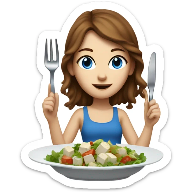 White girl with freackles Brown hair blue eyes eating Tofu salad with fork sticker