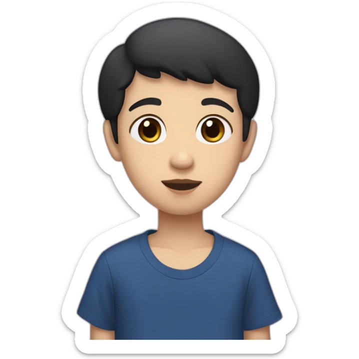 13 year old white kid with very short black hair, brown eyes, regular nose, little eyebrows with a dark blue t-shirt saying st. Francis and with pink lips sticker