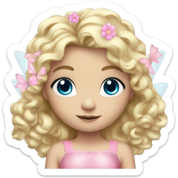 Fairy, a blonde hair with blue eyes and a pink dress with sparkly wings. Flowers. White wings. The fairy has long, curly hair with a lot of volume sticker