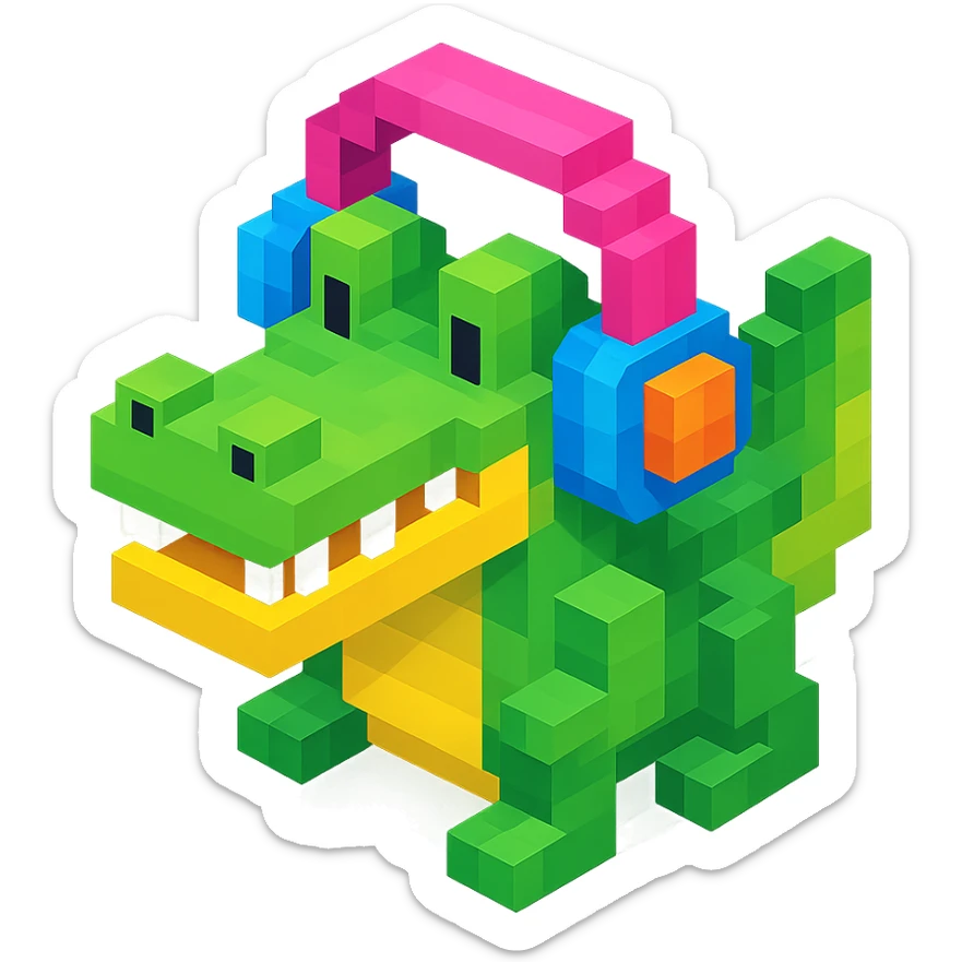 voxel style crocodile with colorful headphones, isometric view sticker
