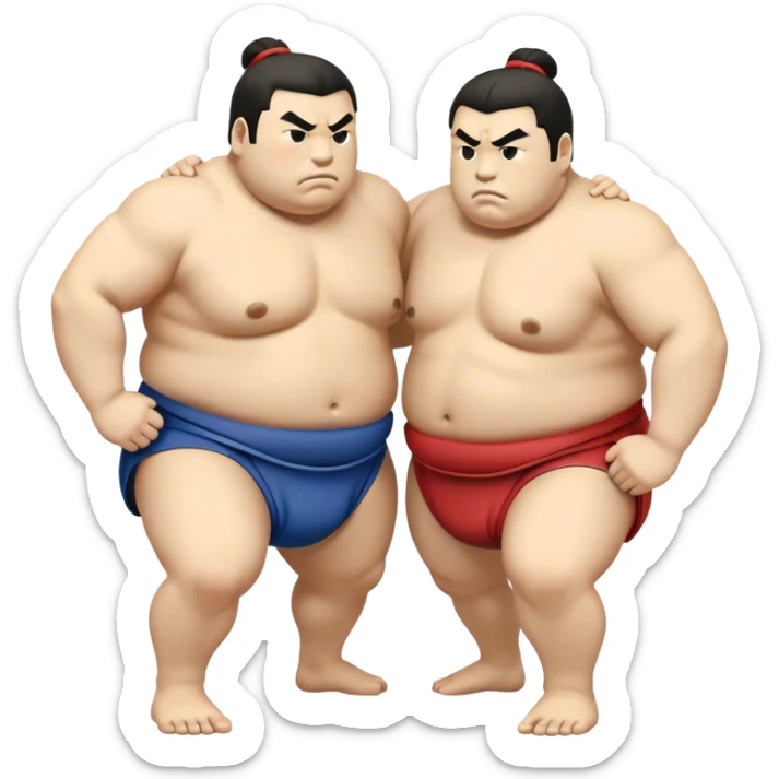 Cinematic Realistic Sumo Wrestling Emoji, depicted as an intense sumo match featuring powerful wrestlers in traditional mawashi, rendered with rich textures and dynamic dramatic lighting that captures the raw intensity of the sport. sticker