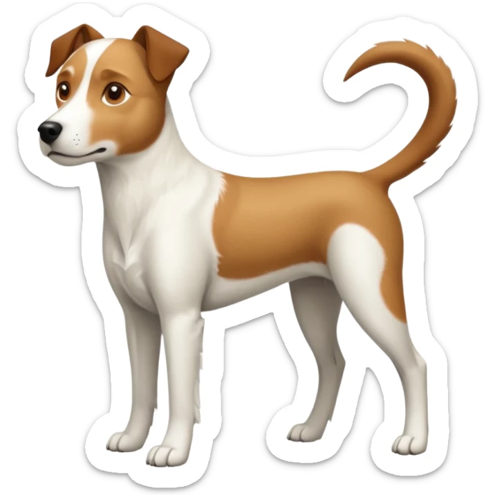 a full body large white parson russell looking dog the size of a kelpie with light brown flapped down ears and a light brown patch on one eye and a large snout sticker