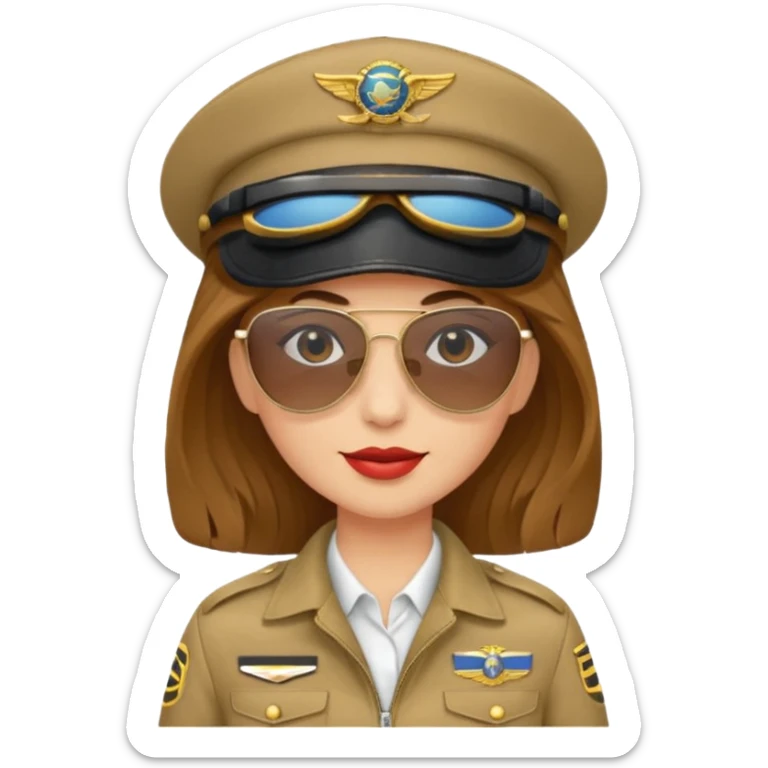 pilote d'avion femme cheveux brun clair avec sunglasses et chapeau de pilote sticker