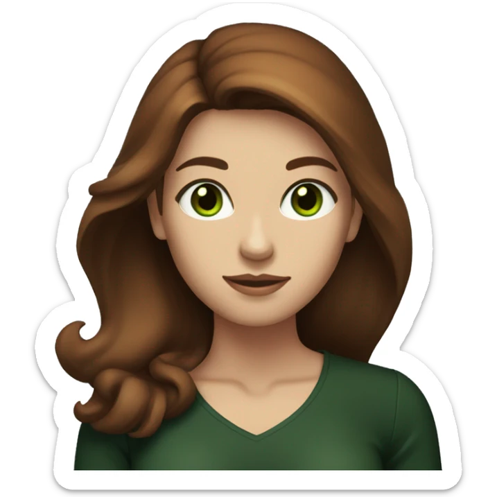 Attractive woman with waist long chestnut-brown hair, dark green eyes, and a black top sticker