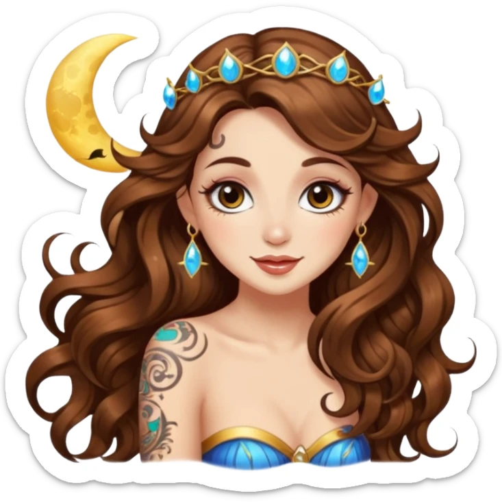 flirty moon fairy woman long wavy brown hair tattoos wink sparkle sticker
