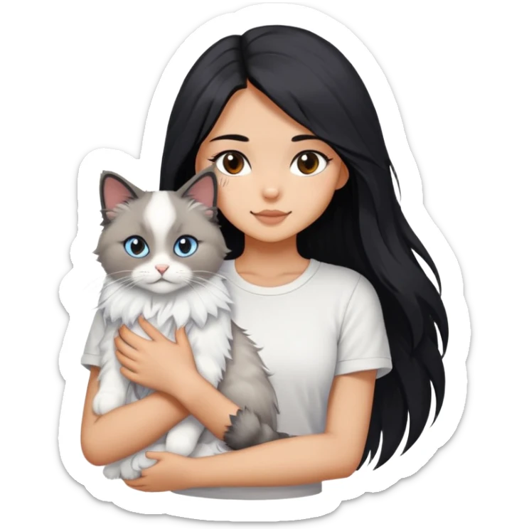 A beautiful girl with long black hair wearing a white short-sleeved shirt hugs a ragol cat sticker