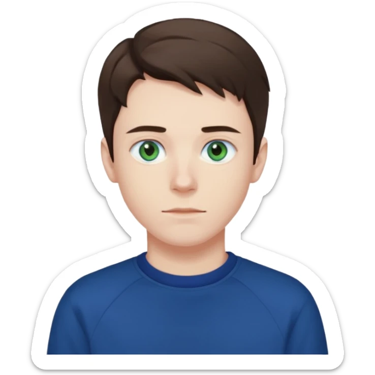 male , blue/green eyes , pale skin , brunette hair , dark blue sweatshirt sticker
