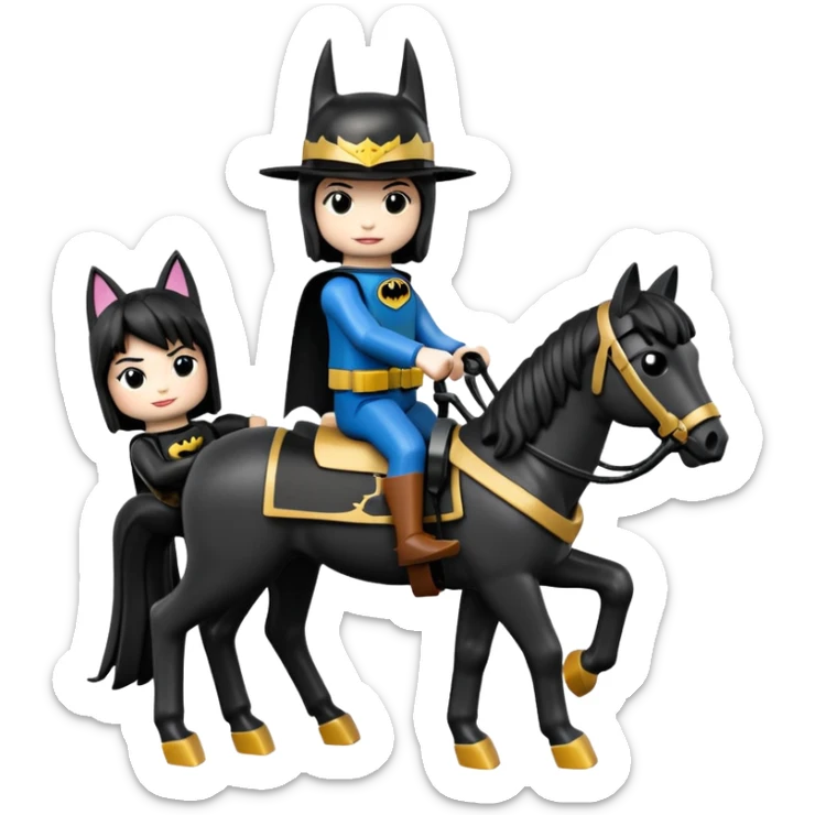  Ultra cute  Lego detailed 1854 Batman driving and pretty dark-haired Catgirl riding a horse drawn family-size Caravan alone together on a romantic trail in the woods  sticker