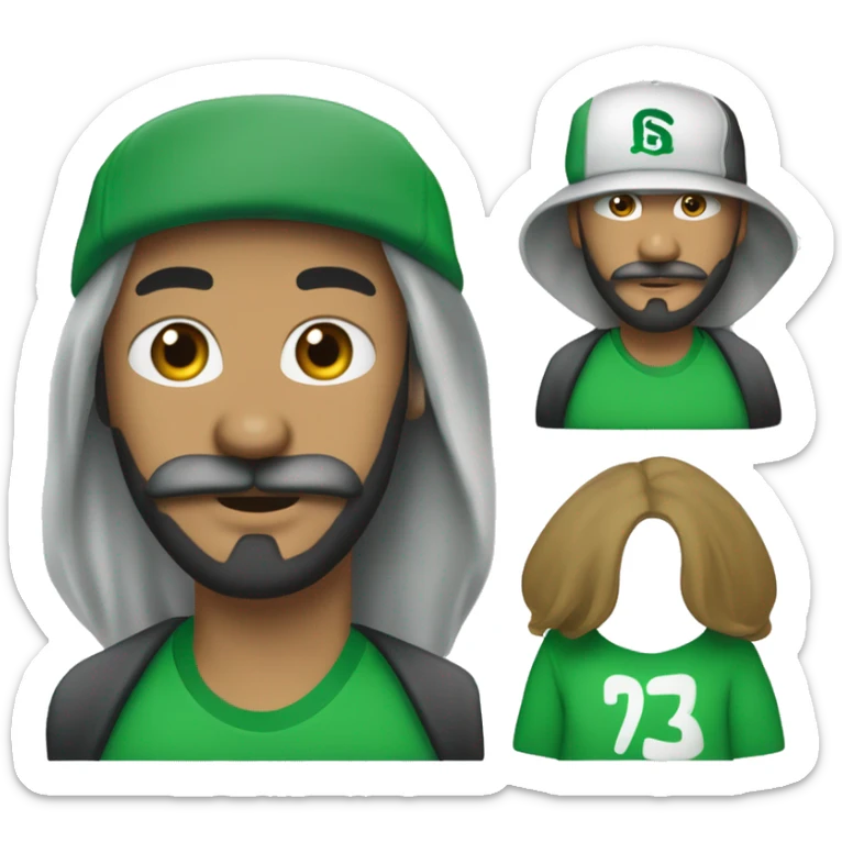 Créer un jeune homme métisse avec une barbe et une moustache et des favoris  avec une casquette verte entièrement verte supreme  et un t shirt blanc sticker