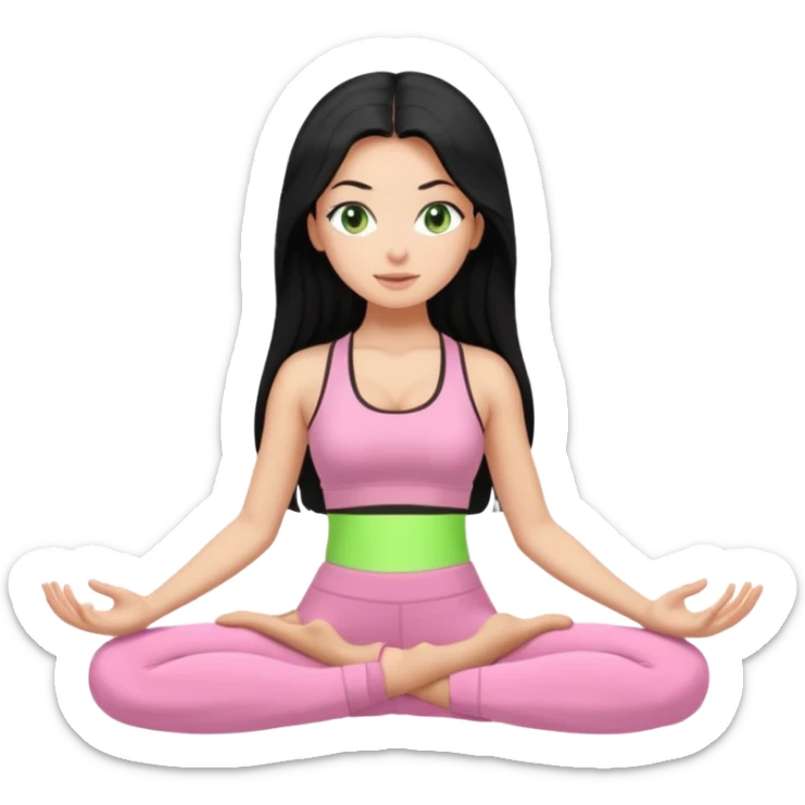 Tan Girl with super long black hair with light green eyes doing yoga with light pink clothes sticker