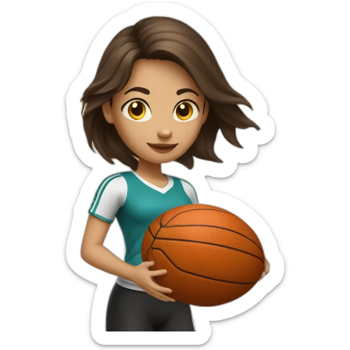 White skin brunette female playing football with very small basket ball sticker
