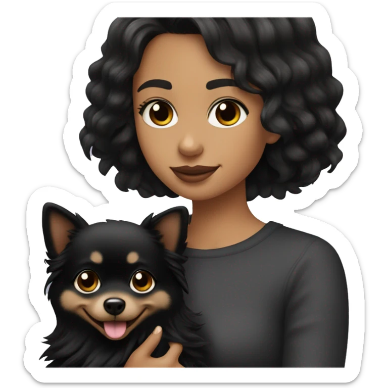 a straight haired girl with tan skin and black hair holding a black puppy pomeranian ￼ sticker