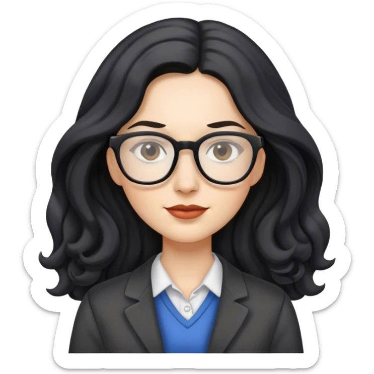 pale female teacher with long wavy black hair, wearing glasses sticker