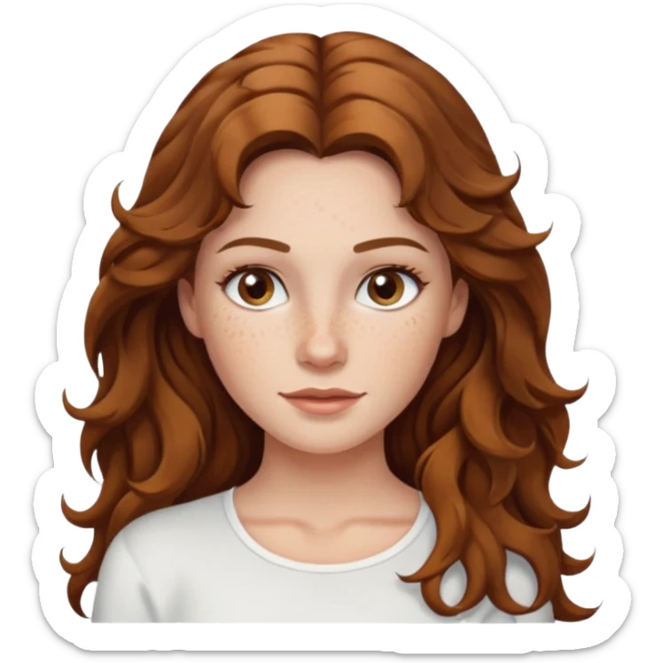 Caucasian woman with long brown wavy hair with freckles, hazel eyes wearing a white top sticker