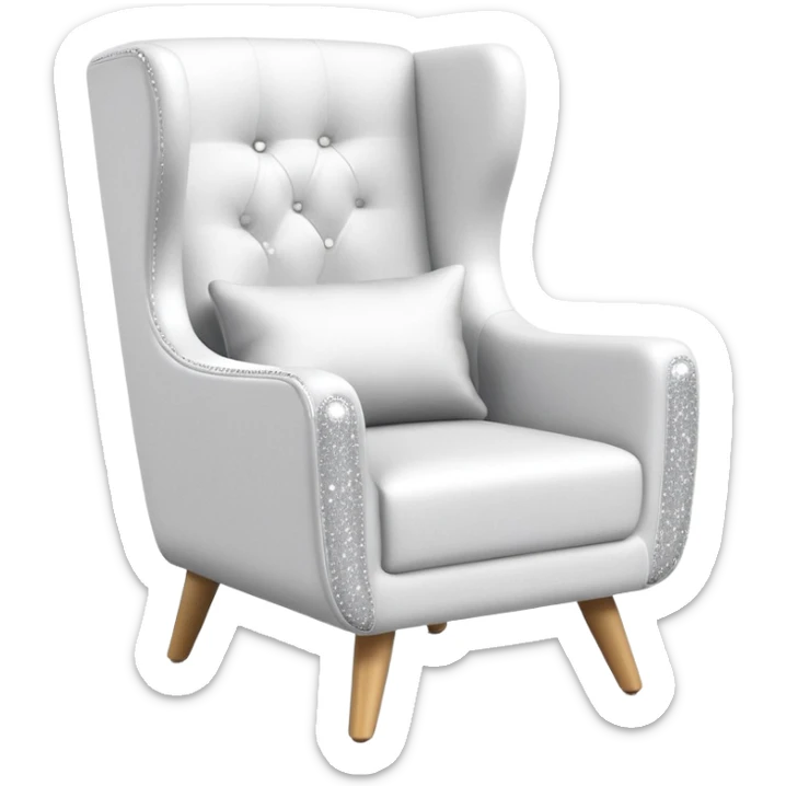 smartphone at an angle in foreground showing armchair product page on screen, with sparkle emoji sticking out on the left side sticker