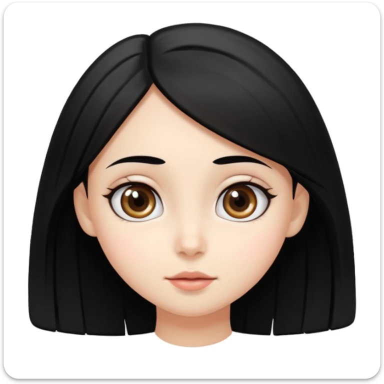 Crear emoji de una chica de piel blanca ojos grandes negro pelo lacio negro con raya al medio tierna, dulce y alegre sticker