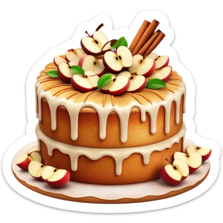 Cinematic Realistic Apfelkuchen Dessert Emoji, depicted as a classic apple cake bursting with cinnamon and apples rendered with soft textures and warm, inviting lighting. sticker