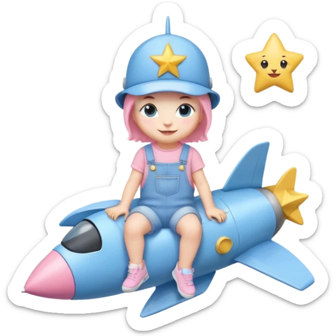 adorable kitten in pastel blue denim overalls, pastel blue sneakers, pastel pink hat with a star, sitting on a rocket, smiling, emoji style sticker