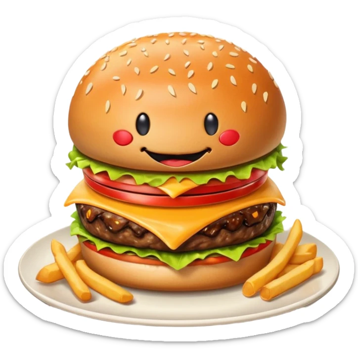 Burger on a plate with fries. The burger is smiling and drooling- looks euphoric and delicious.  sticker